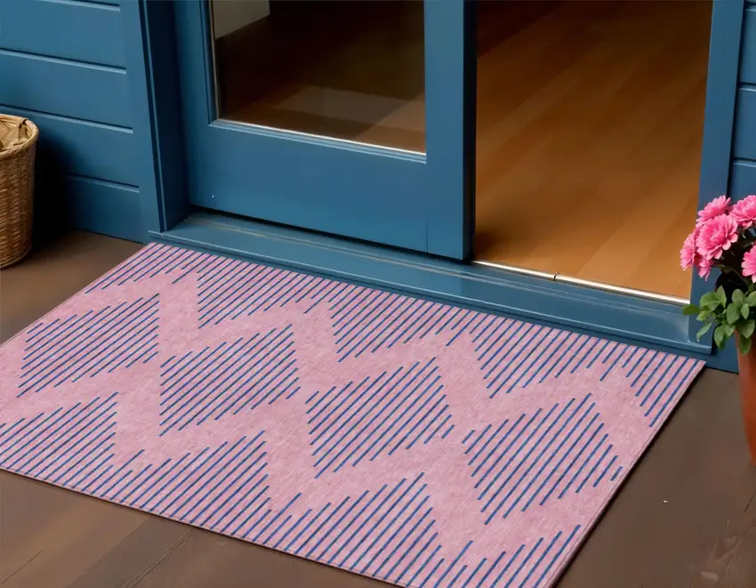 Pink And Blue Geometric Washable Indoor Outdoor Area Rug Photo 1