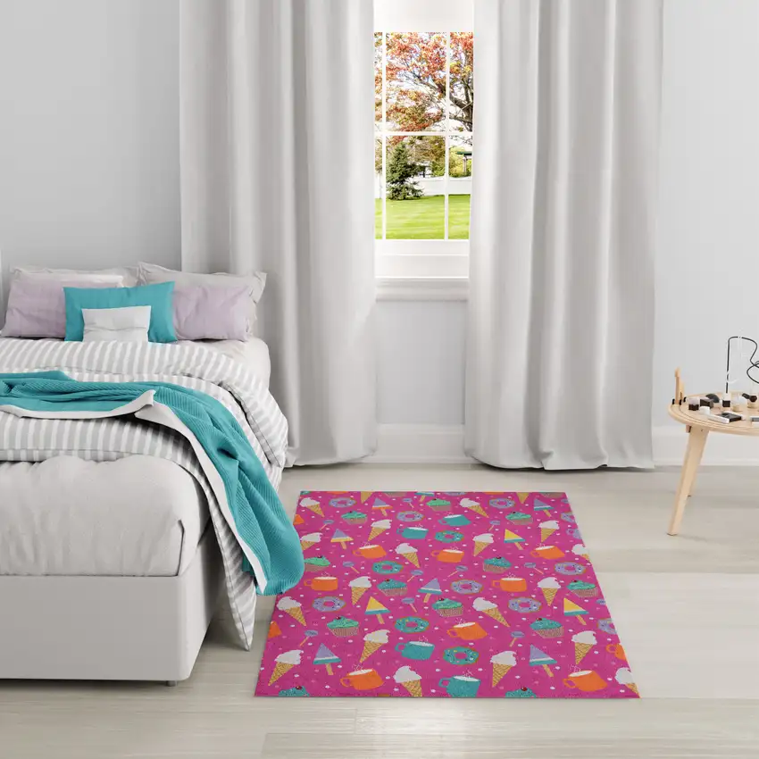 Pink And Blue Ice Cream and Donut Youthful Washable Area Rug Photo 6