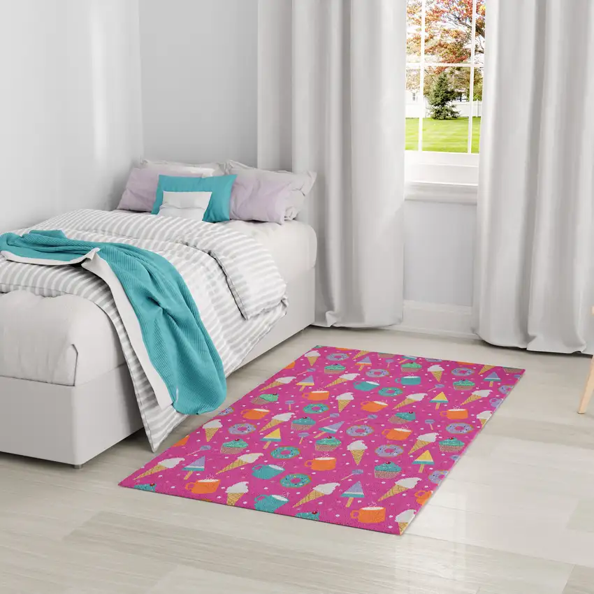Pink And Blue Ice Cream and Donut Youthful Washable Area Rug Photo 6