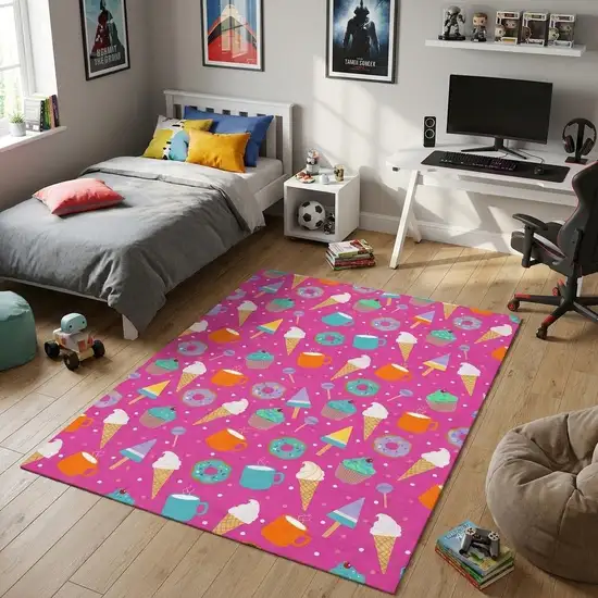 Pink And Blue Ice Cream and Donut Youthful Washable Area Rug Photo 1