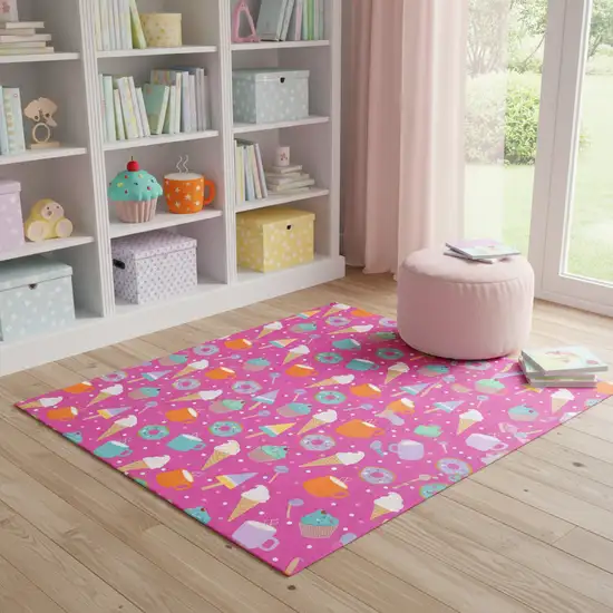 Pink And Blue Ice Cream and Donut Youthful Washable Area Rug Photo 1