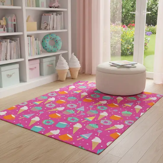 Pink And Blue Ice Cream and Donut Youthful Washable Area Rug Photo 1