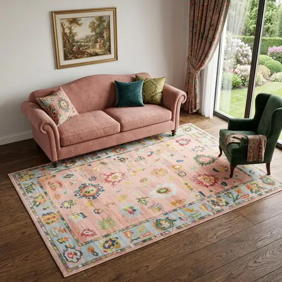 Pink And Blue Oriental Washable Area Rug Photo 1
