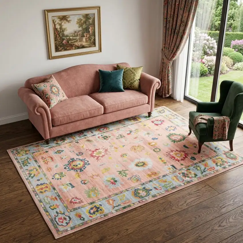 Pink And Blue Oriental Washable Area Rug Photo 1