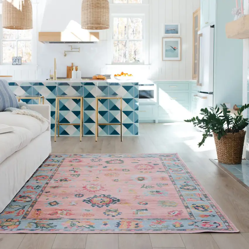 Pink And Blue Oriental Washable Area Rug Photo 5