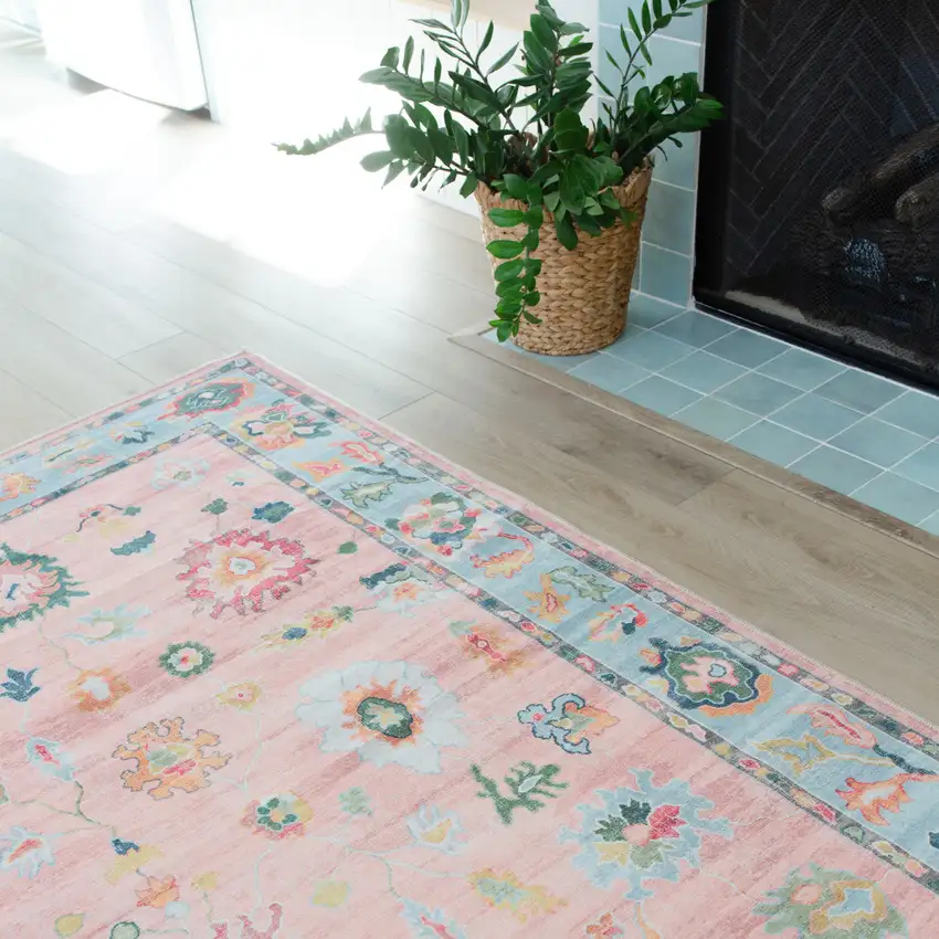 Pink And Blue Oriental Washable Area Rug Photo 6