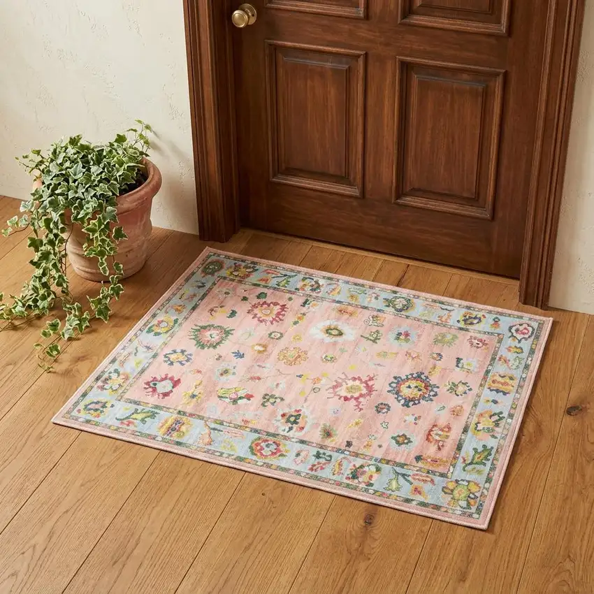 Pink And Blue Oriental Washable Area Rug Photo 1