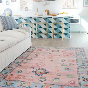 Photo of Pink And Blue Oriental Washable Area Rug