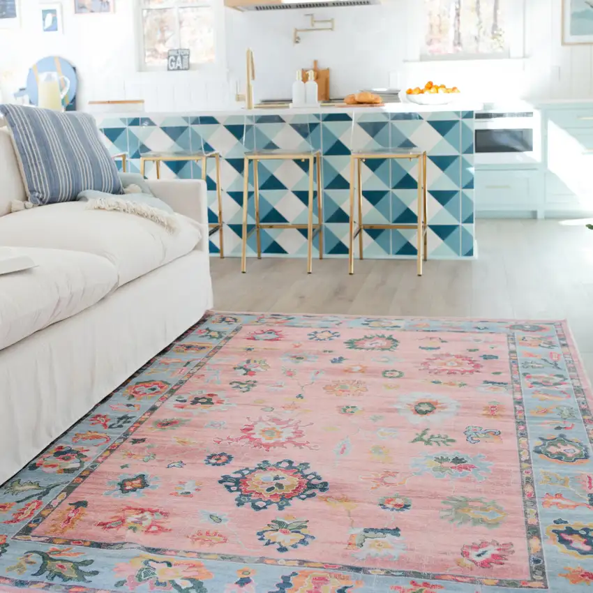 Pink And Blue Oriental Washable Area Rug Photo 7