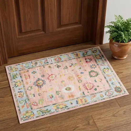 Pink And Blue Oriental Washable Area Rug Photo 1