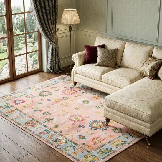 Pink And Blue Oriental Washable Area Rug Photo 1