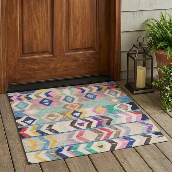 Pink And Blue Tribal Washable Indoor Outdoor Area Rug Photo 1