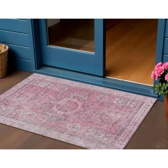 Pink And Blush Floral Medallion Washable Indoor Outdoor Area Rug Photo 2