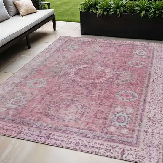 Pink And Blush Floral Medallion Washable Indoor Outdoor Area Rug Photo 2