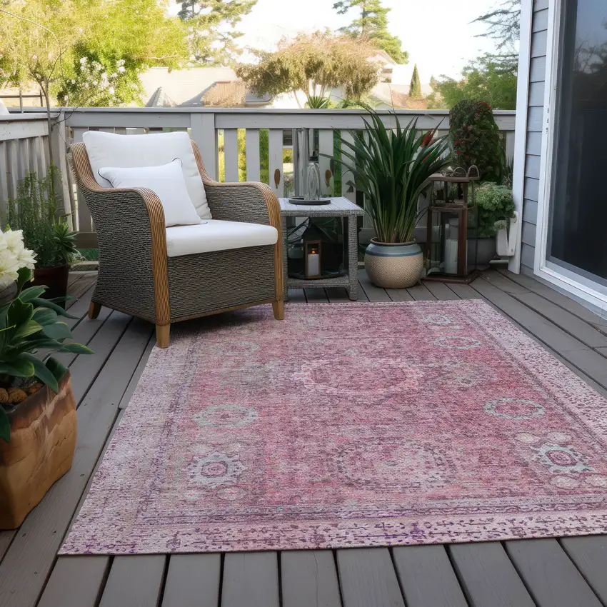 Pink And Blush Floral Medallion Washable Indoor Outdoor Area Rug Photo 5