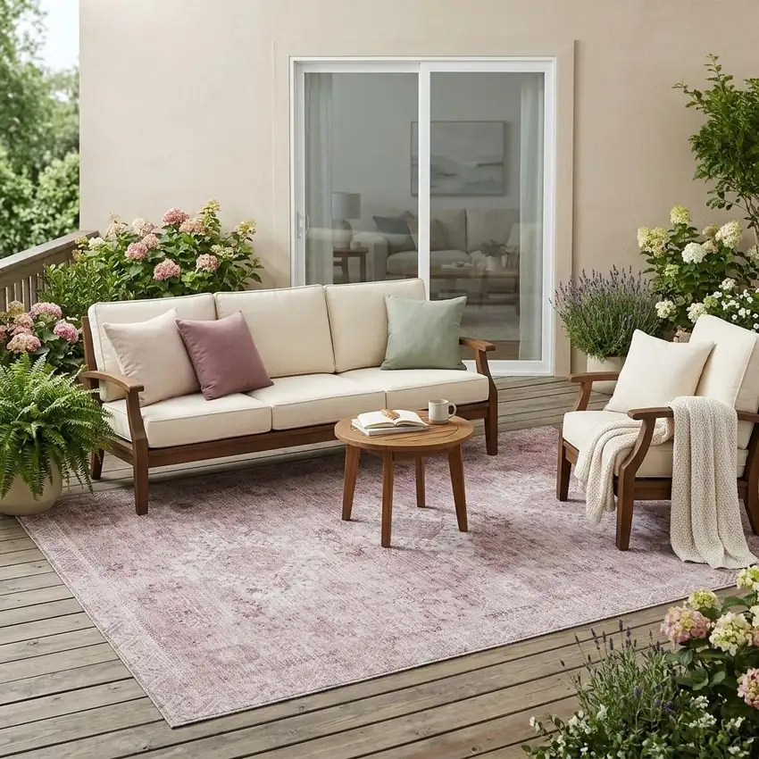 Pink And Blush Oriental Washable Indoor Outdoor Area Rug Photo 1