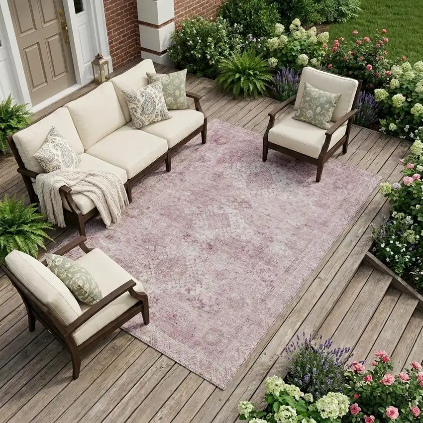 Pink And Blush Oriental Washable Indoor Outdoor Area Rug Photo 1