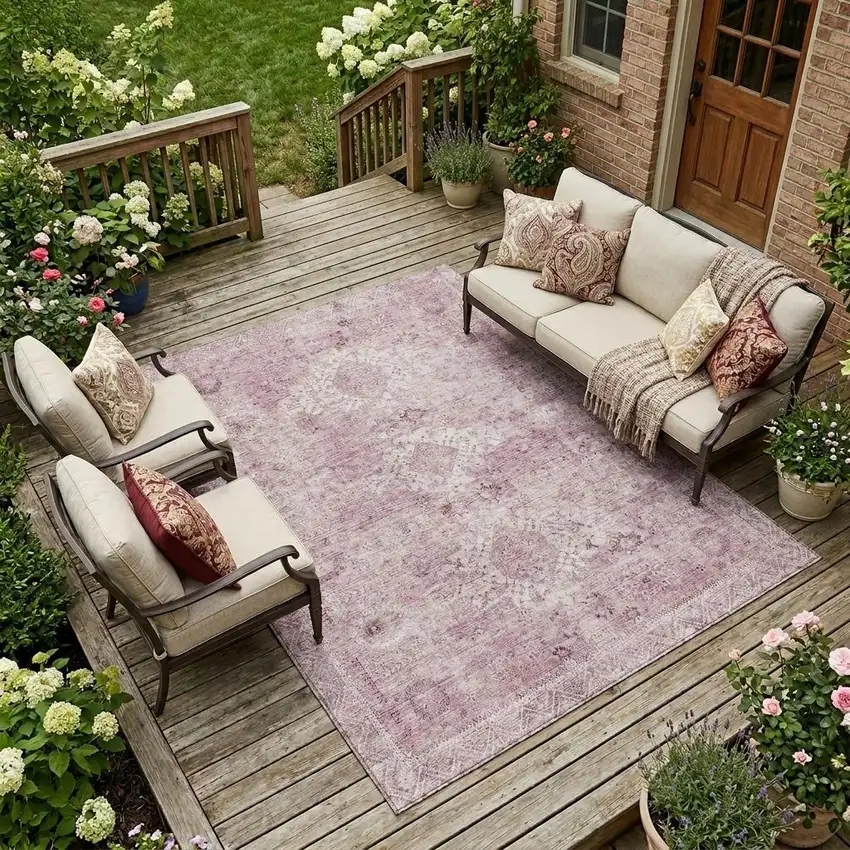 Pink And Blush Oriental Washable Indoor Outdoor Area Rug Photo 1