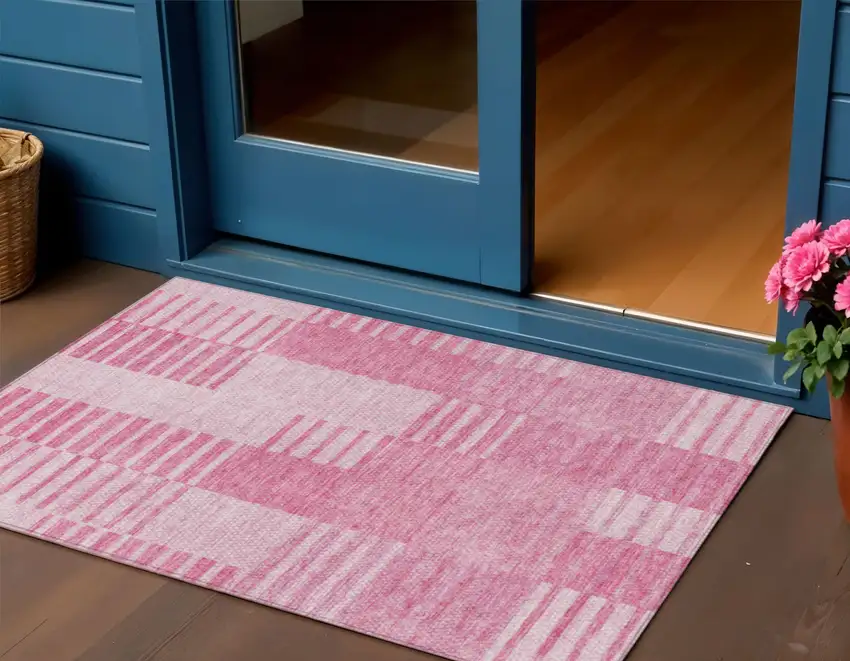 Pink And Blush Striped Washable Indoor Outdoor Area Rug Photo 1