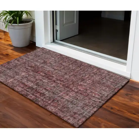 Pink And Brick Red Damask Washable Indoor Outdoor Area Rug Photo 1