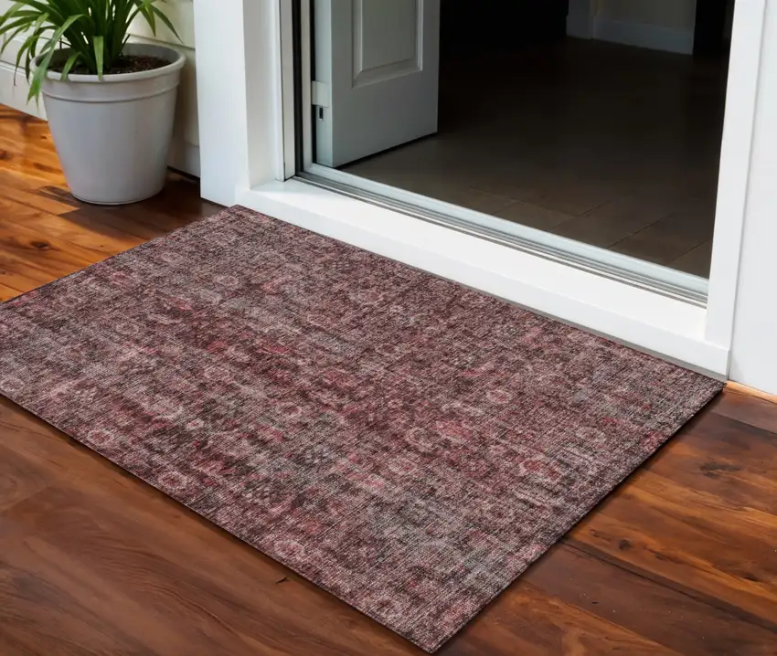 Pink And Brick Red Damask Washable Indoor Outdoor Area Rug Photo 1