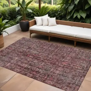 Photo of Pink And Brick Red Damask Washable Indoor Outdoor Area Rug
