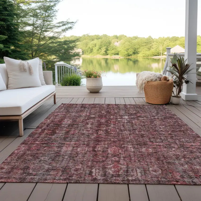 Pink And Brick Red Damask Washable Indoor Outdoor Area Rug Photo 7