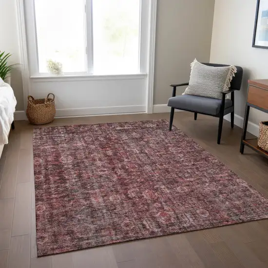 Pink And Brick Red Damask Washable Indoor Outdoor Area Rug Photo 9