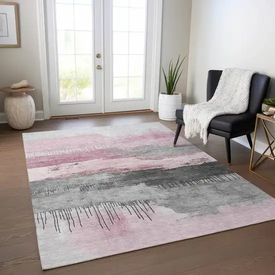 Pink And Charcoal Abstract Washable Indoor Outdoor Area Rug Photo 6