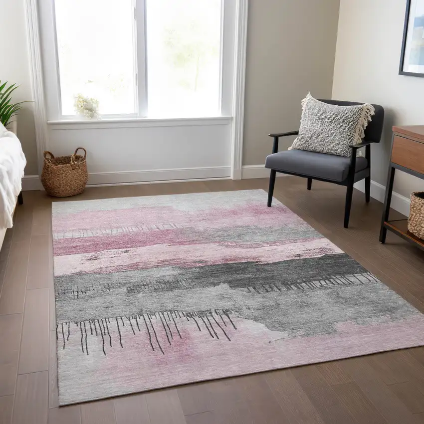 Pink And Charcoal Abstract Washable Indoor Outdoor Area Rug Photo 7