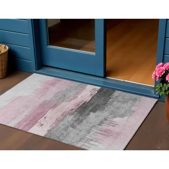 Pink And Charcoal Abstract Washable Indoor Outdoor Area Rug Photo 2