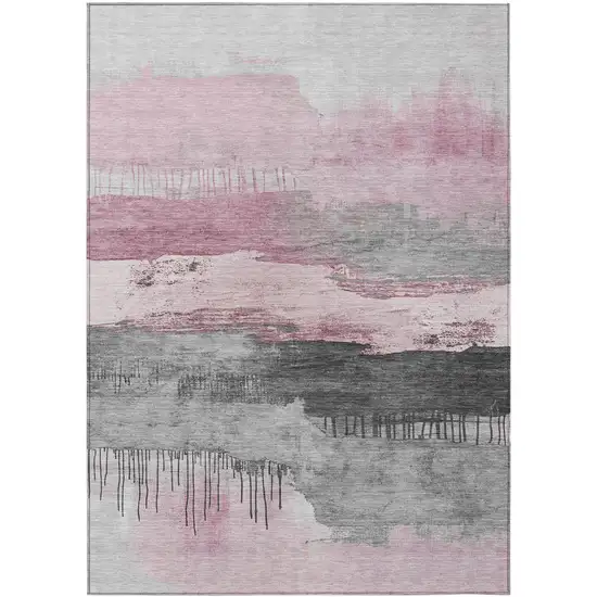 Pink And Charcoal Abstract Washable Indoor Outdoor Area Rug Photo 7