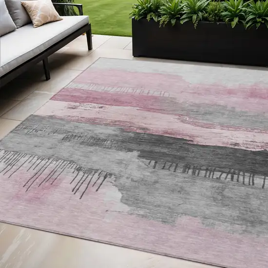 Pink And Charcoal Abstract Washable Indoor Outdoor Area Rug Photo 2