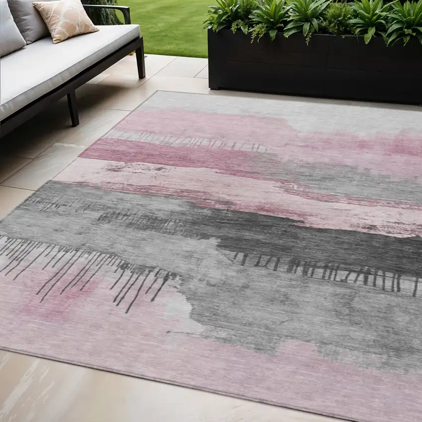 Pink And Charcoal Abstract Washable Indoor Outdoor Area Rug Photo 2