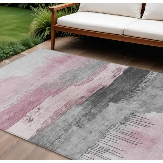Pink And Charcoal Abstract Washable Indoor Outdoor Area Rug Photo 2