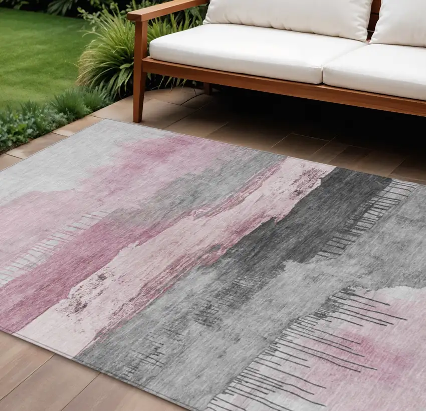 Pink And Charcoal Abstract Washable Indoor Outdoor Area Rug Photo 2