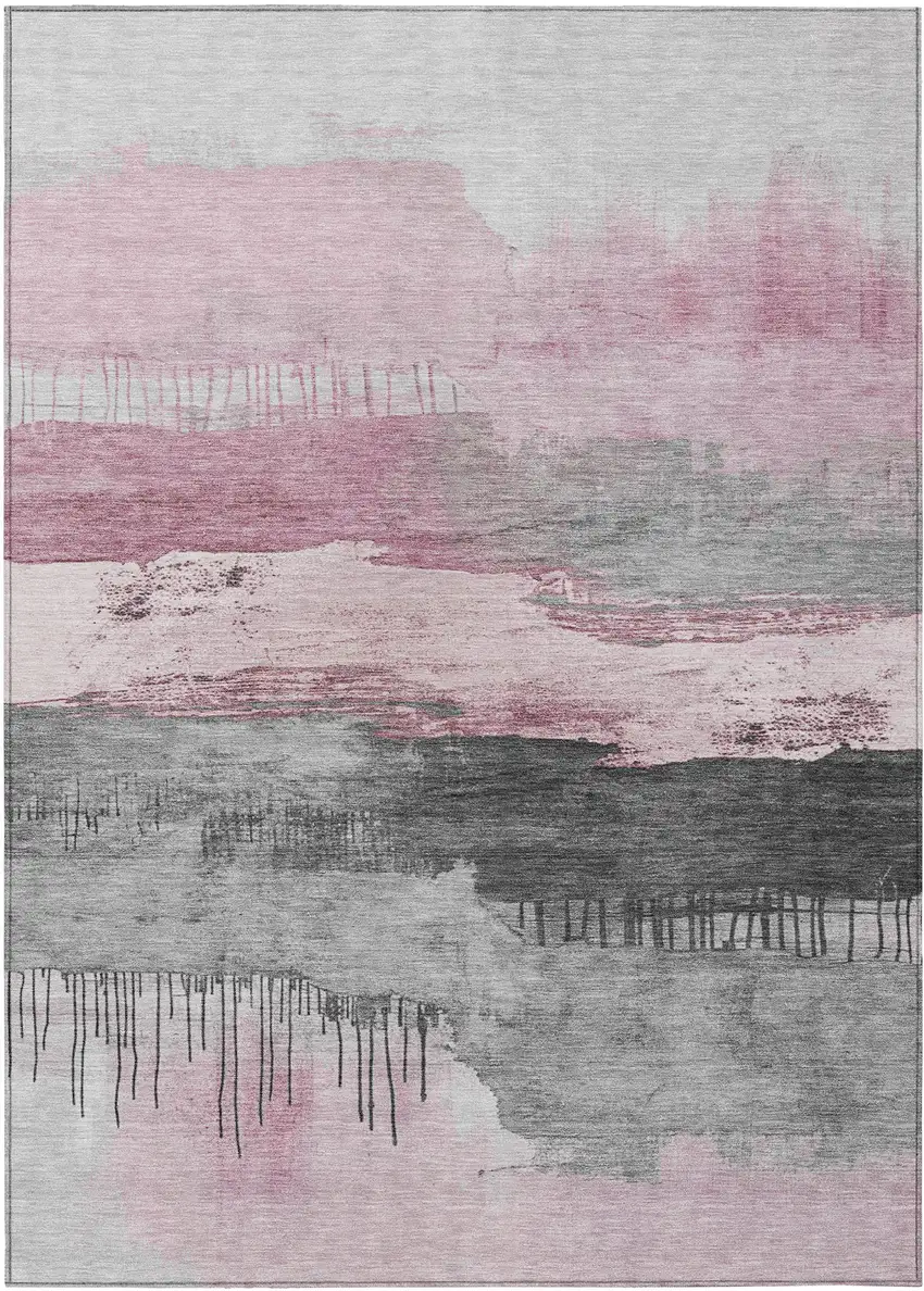Pink And Charcoal Abstract Washable Indoor Outdoor Area Rug Photo 1