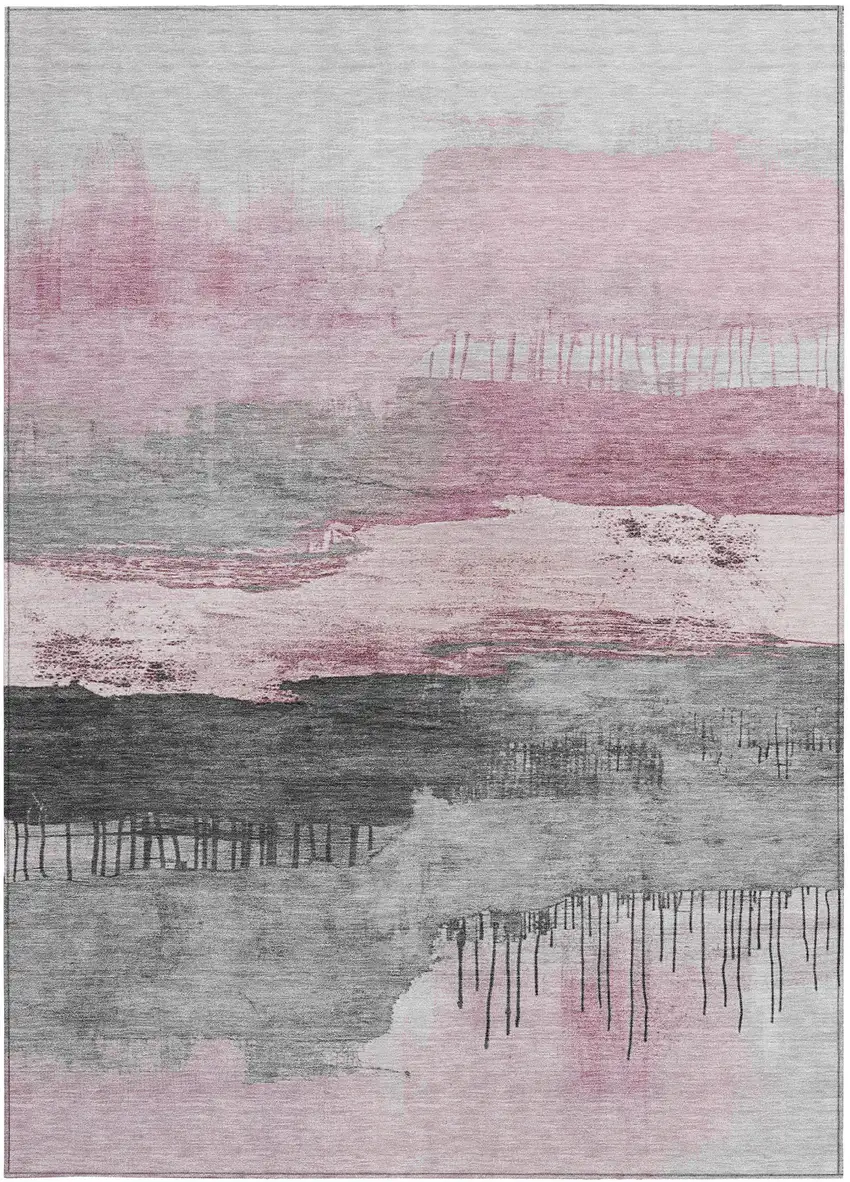 Pink And Charcoal Abstract Washable Indoor Outdoor Area Rug Photo 4