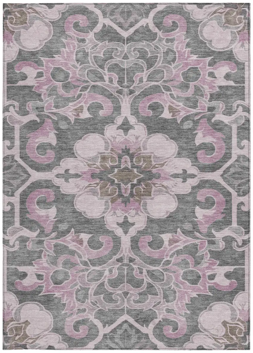 Pink And Charcoal Damask Washable Indoor Outdoor Area Rug Photo 4