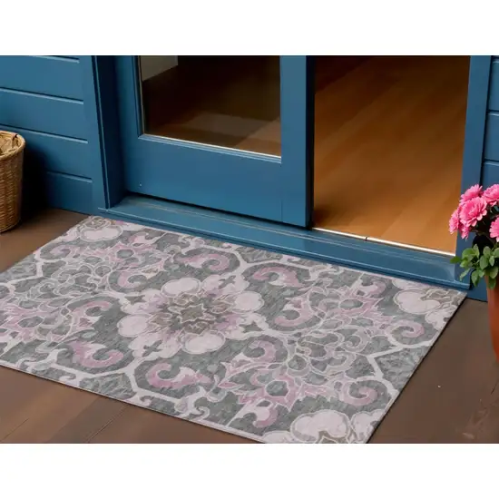 Pink And Charcoal Damask Washable Indoor Outdoor Area Rug Photo 2