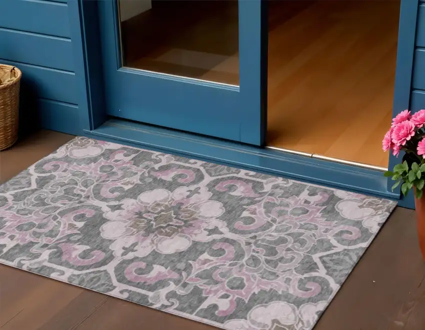 Pink And Charcoal Damask Washable Indoor Outdoor Area Rug Photo 2