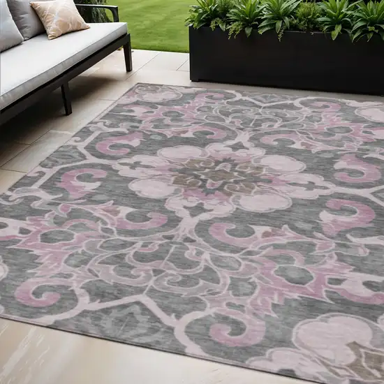Pink And Charcoal Damask Washable Indoor Outdoor Area Rug Photo 2