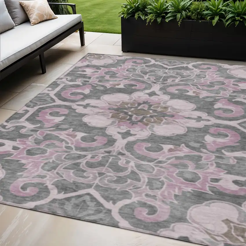 Pink And Charcoal Damask Washable Indoor Outdoor Area Rug Photo 2