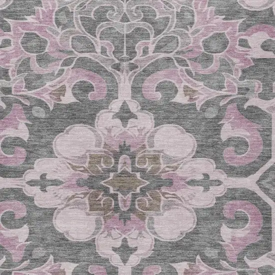 Pink And Charcoal Damask Washable Indoor Outdoor Area Rug Photo 3