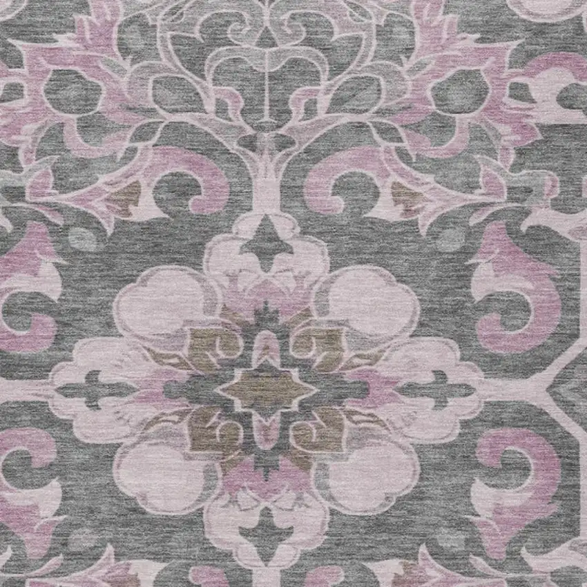 Pink And Charcoal Damask Washable Indoor Outdoor Area Rug Photo 3
