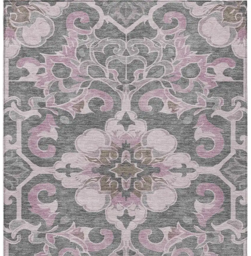 Pink And Charcoal Damask Washable Indoor Outdoor Area Rug Photo 4