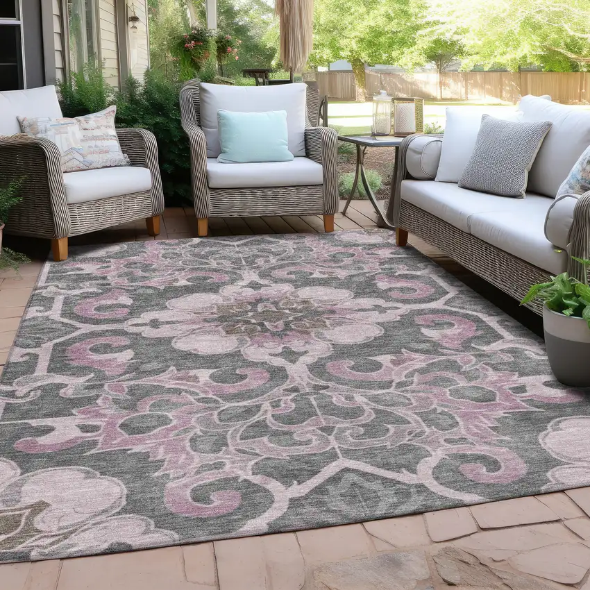 Pink And Charcoal Damask Washable Indoor Outdoor Area Rug Photo 5