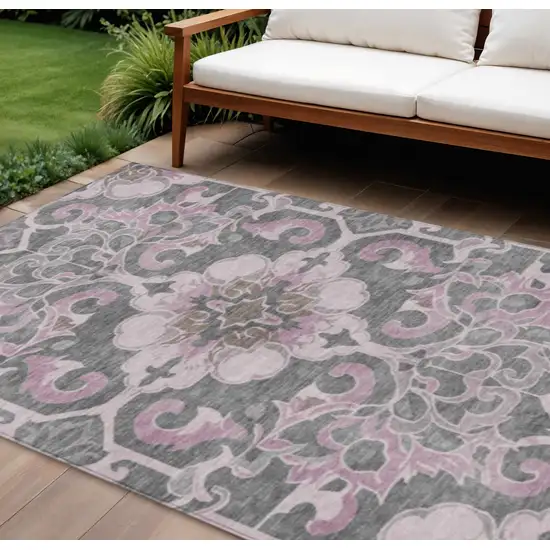 Pink And Charcoal Damask Washable Indoor Outdoor Area Rug Photo 2