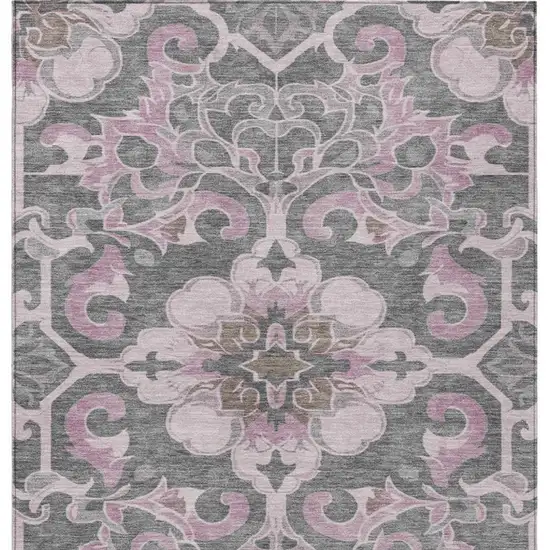 Pink And Charcoal Damask Washable Indoor Outdoor Area Rug Photo 9