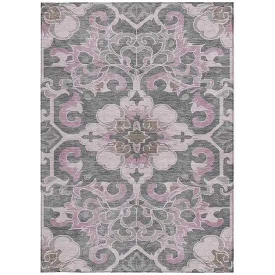 Pink And Charcoal Damask Washable Indoor Outdoor Area Rug Photo 3